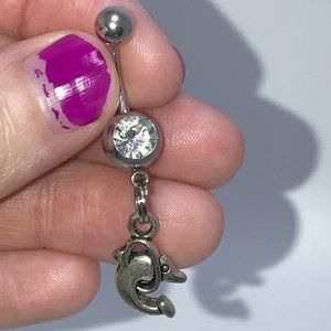 Clear Gem Dolphin with Hoop Dangle Belly Ring